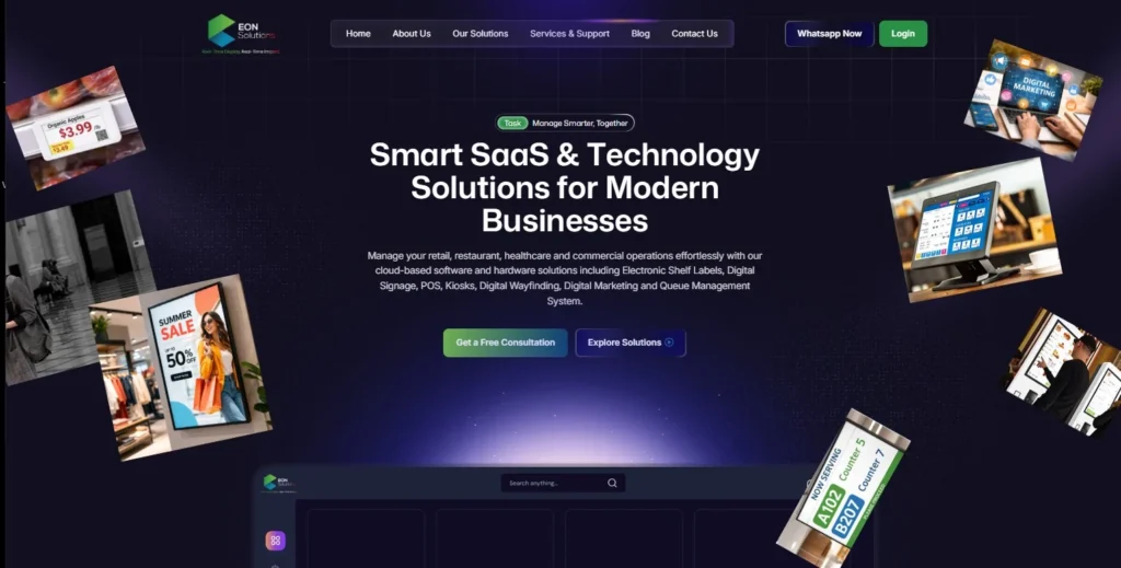 EON Solutions NZ website homepage hero showing smart SaaS and technology solutions for modern retail businesses