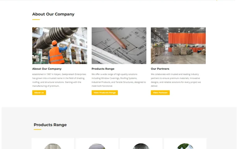 Geet Prakash Enterprises website about company section with company, products range and partners cards