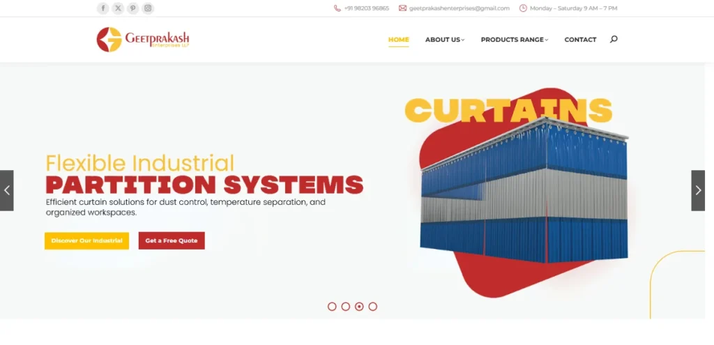 Geet Prakash Enterprises website homepage hero for flexible industrial partition systems and curtains