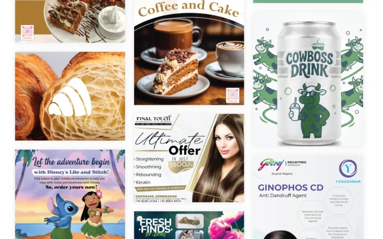 Kantam Graphics portfolio grid of beverage packaging, cafe and lifestyle creative designs