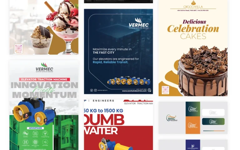 Kantam Graphics portfolio grid of food, elevator and brand identity designs