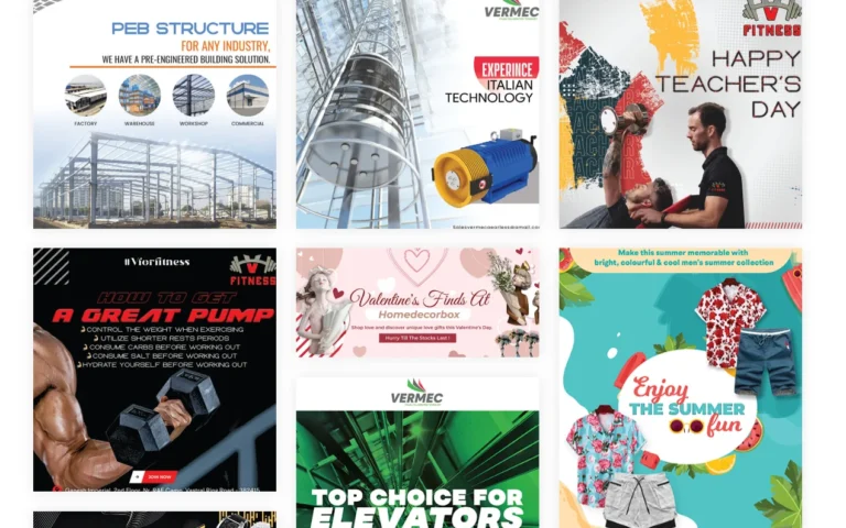 Kantam Graphics portfolio grid of industrial, fitness and social media creative designs