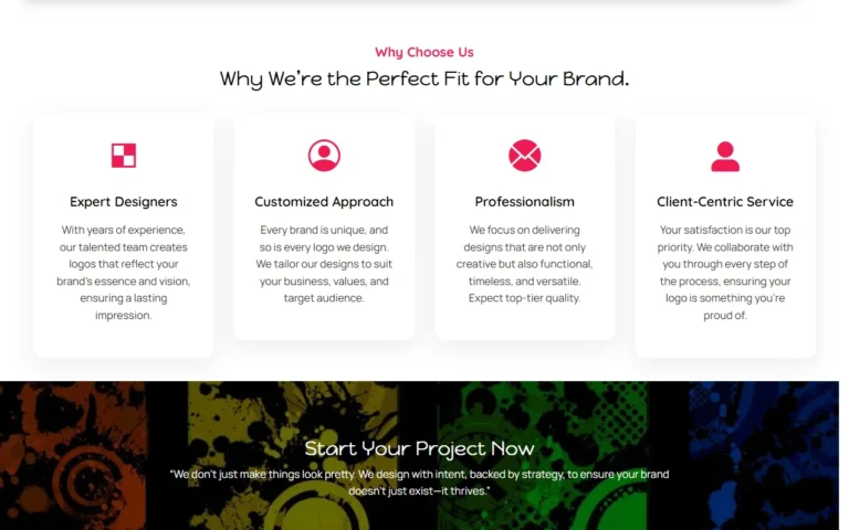 Kantam Graphics website why choose us section with expert designers, customized approach, professionalism and client-centric service