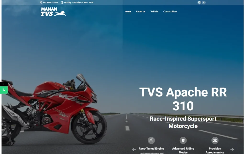 Manan TVS website homepage hero featuring the TVS Apache RR 310 supersport motorcycle