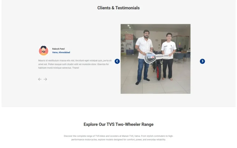 Manan TVS website customer testimonials section with vehicle delivery photo