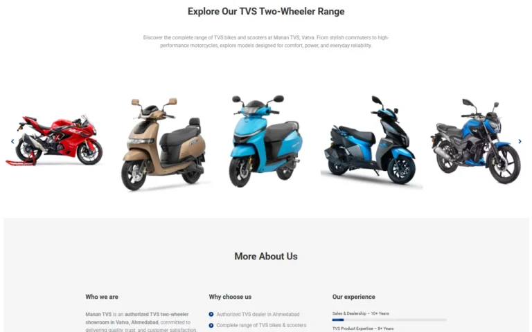 Manan TVS website two-wheeler range section showing TVS motorcycles and scooters
