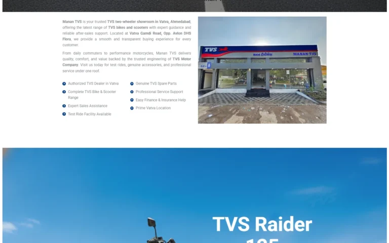 Manan TVS authorized TVS two-wheeler showroom in Vatva, Ahmedabad website about section