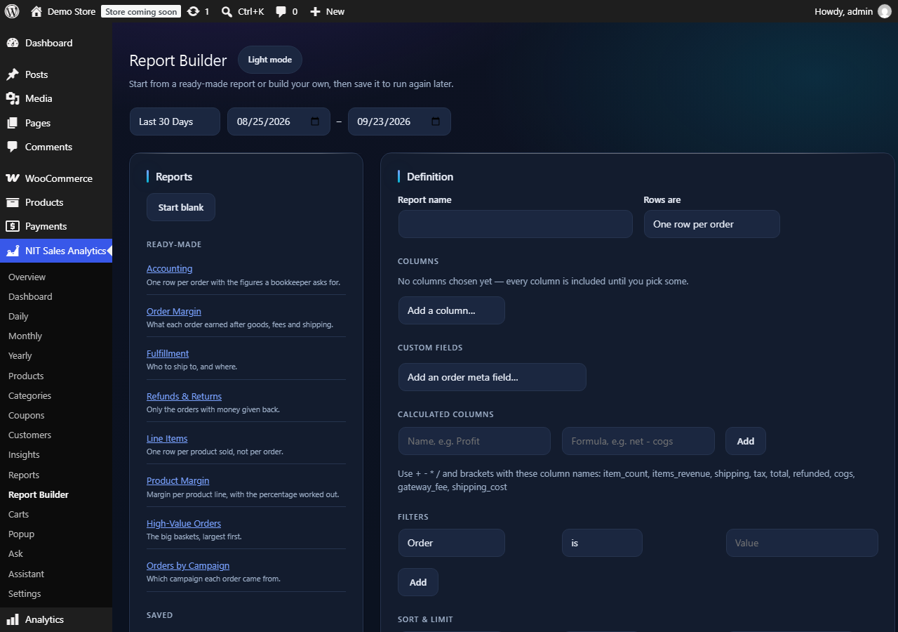 Report Builder &mdash; columns, filters and calculated columns, saved for reuse.