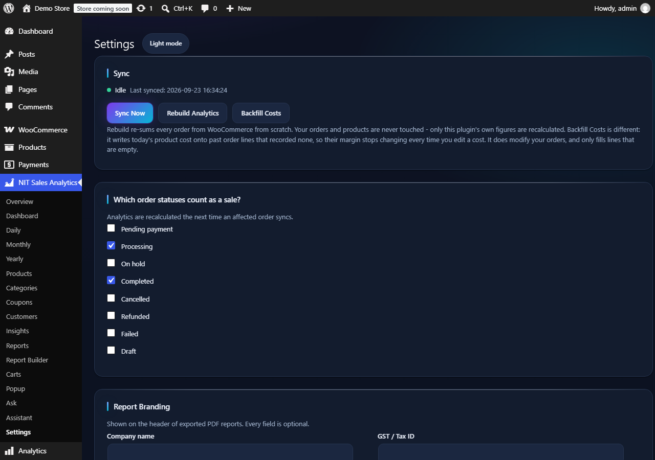 Settings &mdash; sync, costs, branding and scheduled reports.